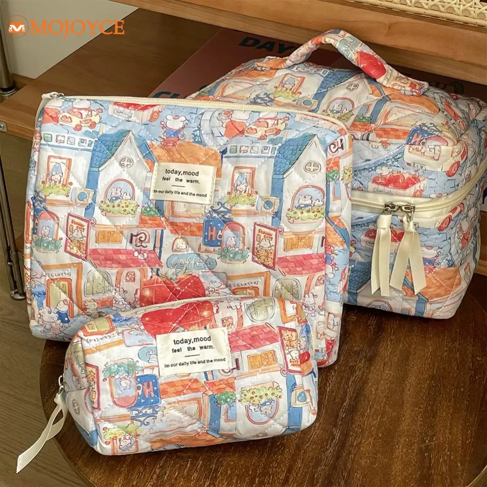 Cute Quilted Cotton Makeup Bag Women Zipper Cosmetic Organizer Cartoon Pattern Aesthetic Storage Bag Large Capacity Toiletry Bag