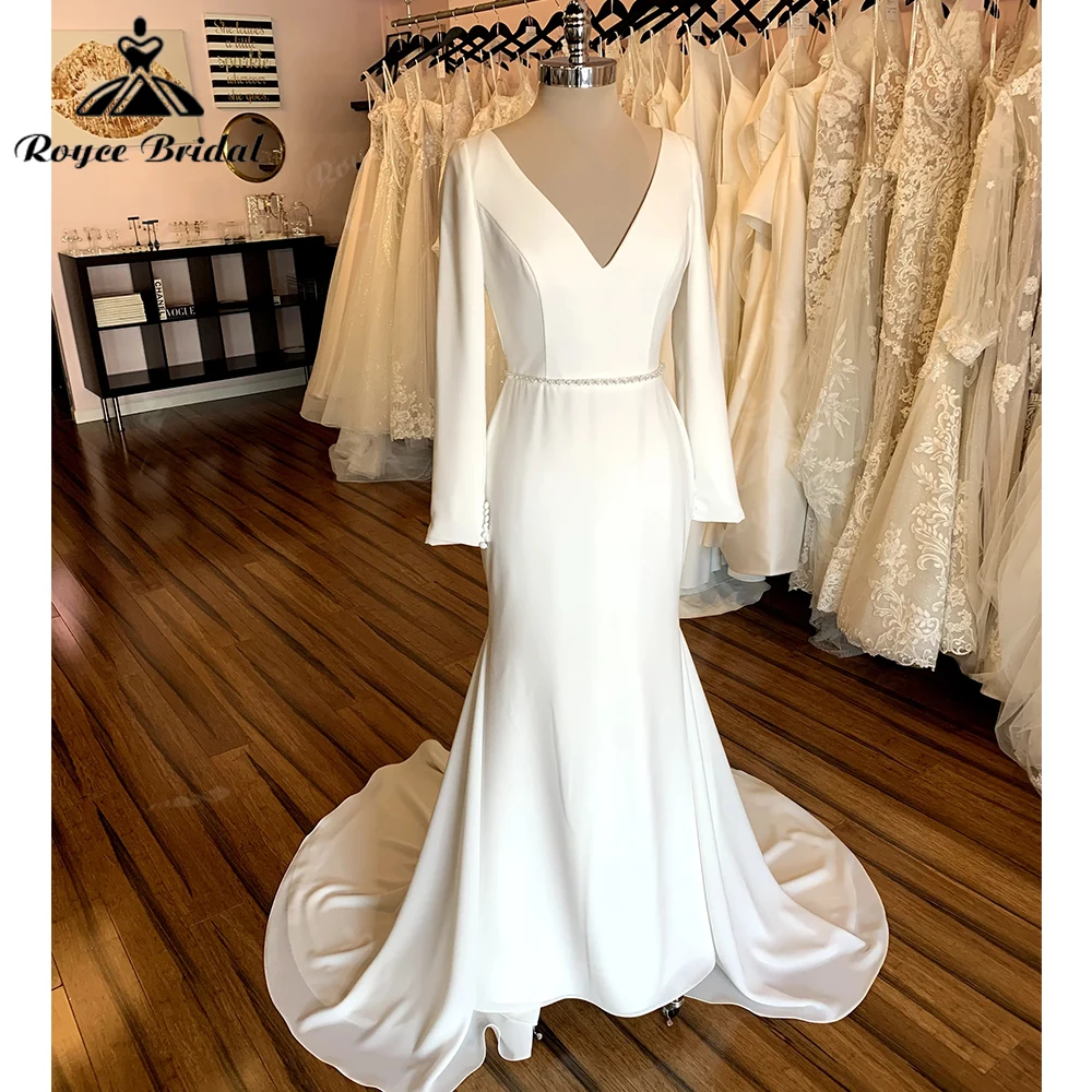 

Elegant Wedding Dress Mermaid V Neck Long Sleeves Backless Satin Chapel Train Bridal Dress Brides For Lady Brautkleider