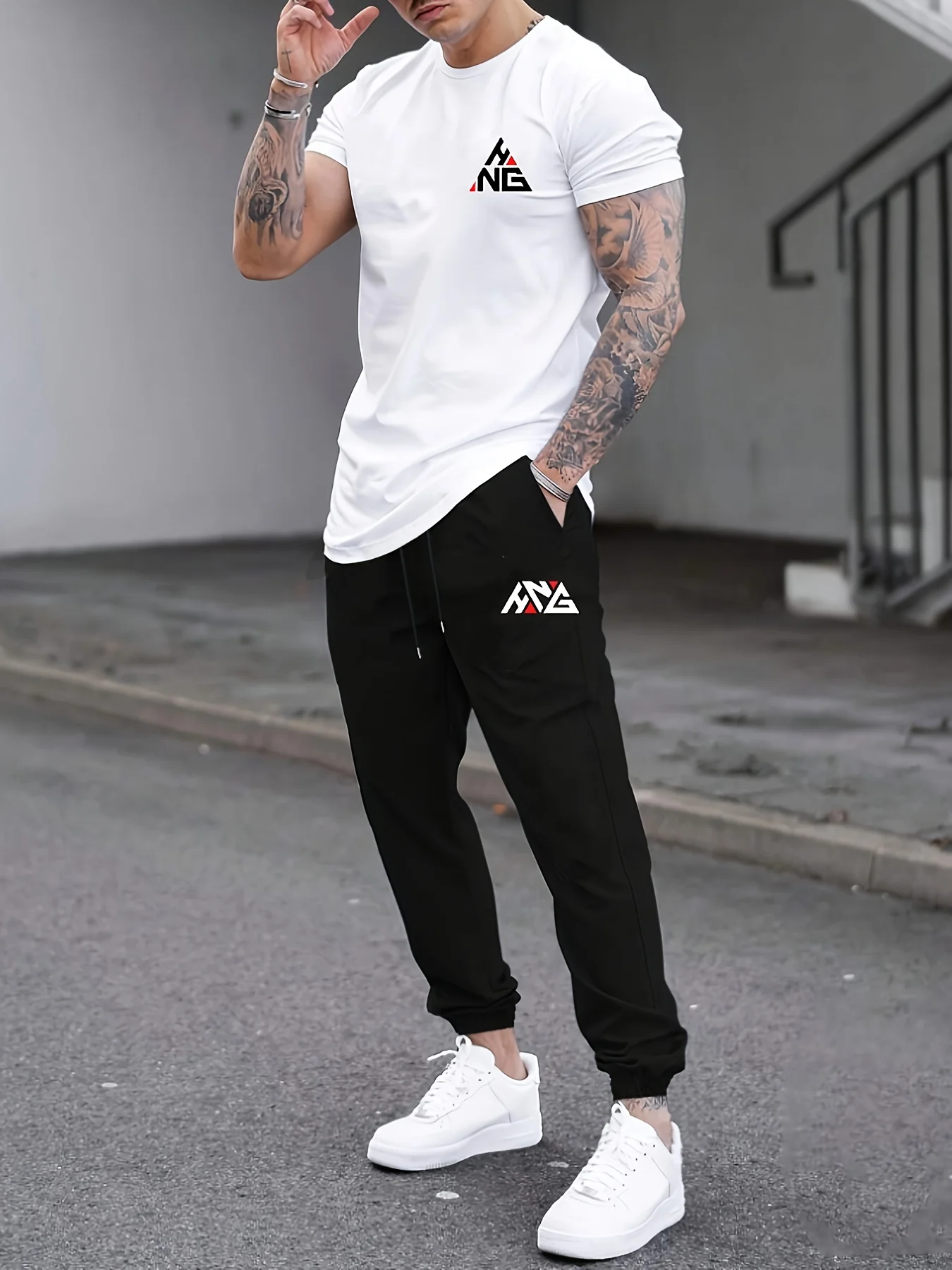 Fashionable street men's new letter printed breathable round neck T-shirt pants set summer outdoor casual sportswear