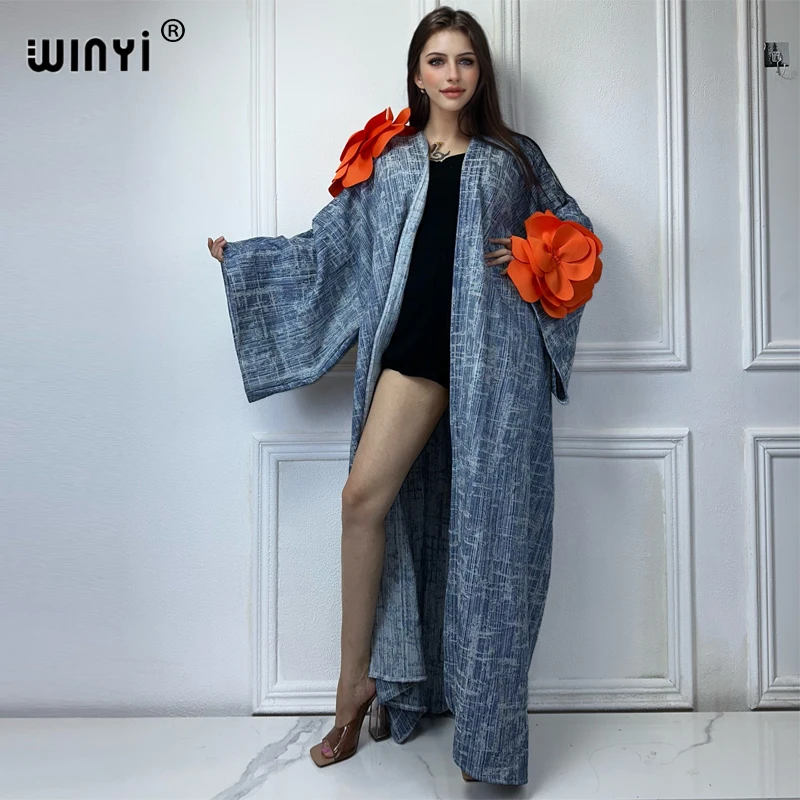 WINYI-Kimono en denim délavé, modèle passerelle, cardigan maxi, robe élégante, fête, vacances, natation, plage, couverture, mode abaya