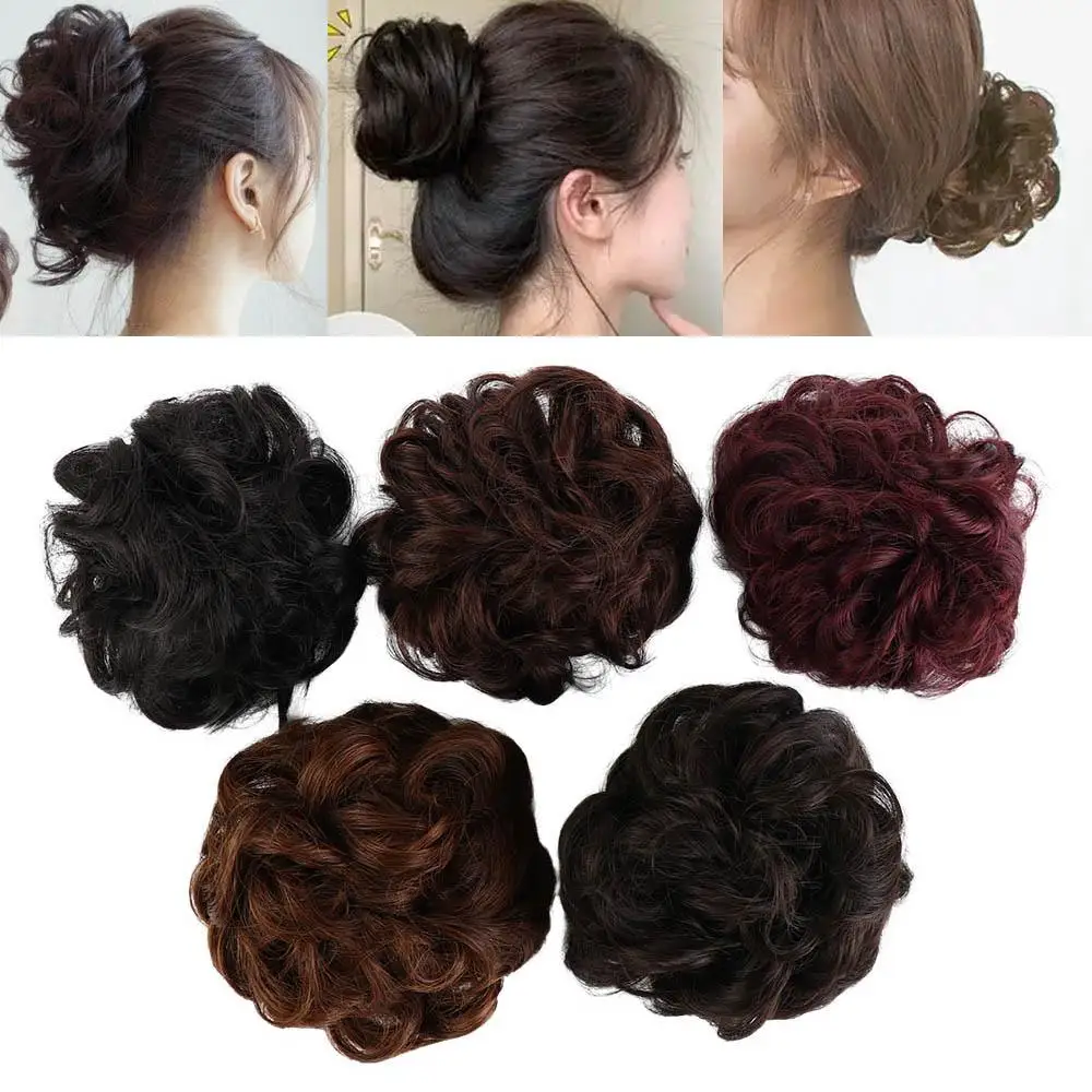 Natural Black Rubber Band Drawstring Curly Fake Hair Elastic Band Synthetic hair Messy Hair Donut Bun Curly Chignon