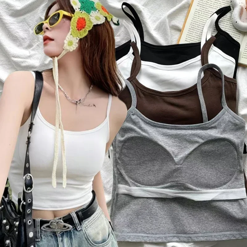 40-65kg Women's Solid Color Spaghetti Straps Sleeveless Slim Camisole Built-in Bra Tank Top for Daily Wear