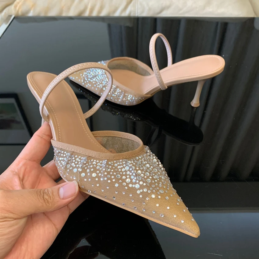 2024 Women High Heels Pumps Summer Fashion Rhinestone Mesh Stilettos Slingbacks Women Pointed Toe Thin Heel Sandals Shoes Woman