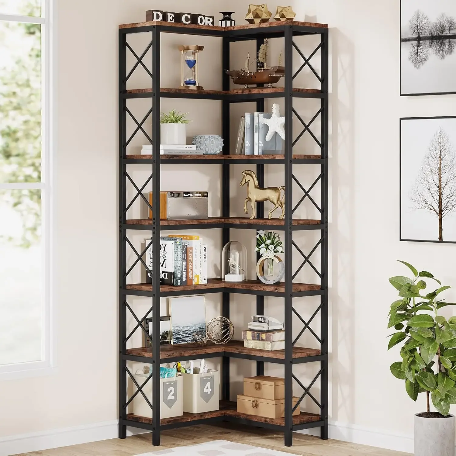 7-Shelf Corner Bookshelf,Large Modern Corner Bookcase, 7-Tier Tall Corner Shelf Storage Display Rack with Metal Frame for Living