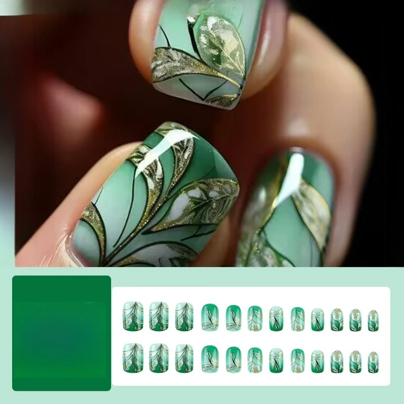 

Jade flower glitter nail patch green gradual change European square manicure