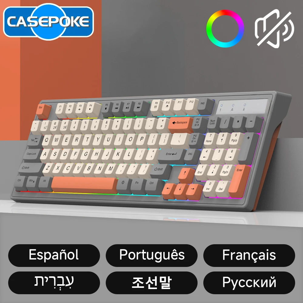 casepoke teclado mecanico portugues de 98 teclas para pc laptop office teclado silencioso com fio com ajuste de volume retroiluminado teclado para jogos 01