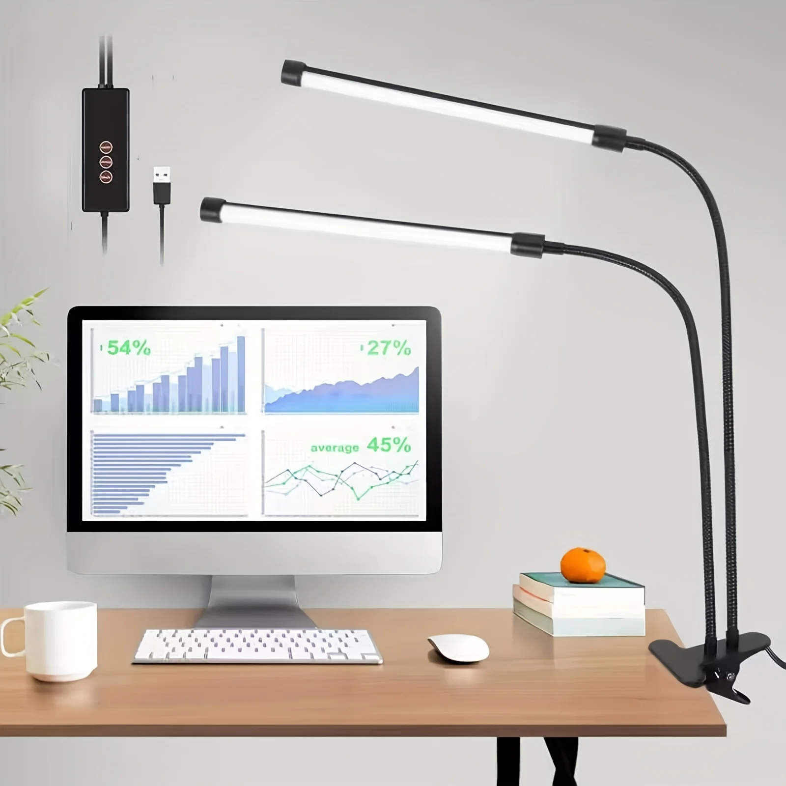 Clip-on Dual-head Study Eye-Care Desk Lamp 3-6-12 Hour Timer Function Reading Lamp Three Lighting Modes Five Brightness Level