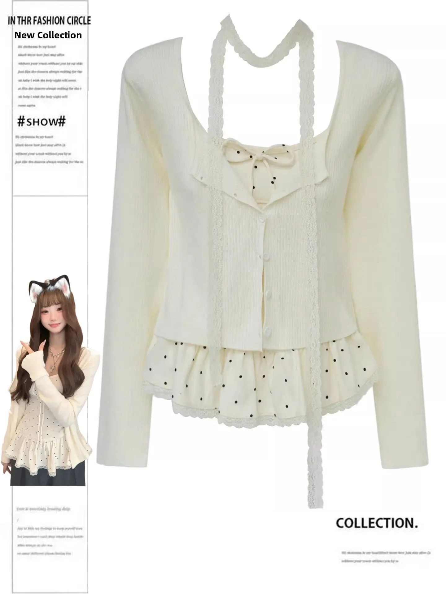 

Duor plus Size Polka Dot Knot Strap Vest Open Cardigan Women Summer Casual Style Top Two Piece Set Sweet Style Knitted