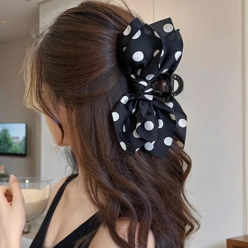 French Elegant Hair Claw Polka Dot Stain Bow Hair Grab Clip Women Girls Fashion Retro Shark Clip Hair Clamp Styling Accessories