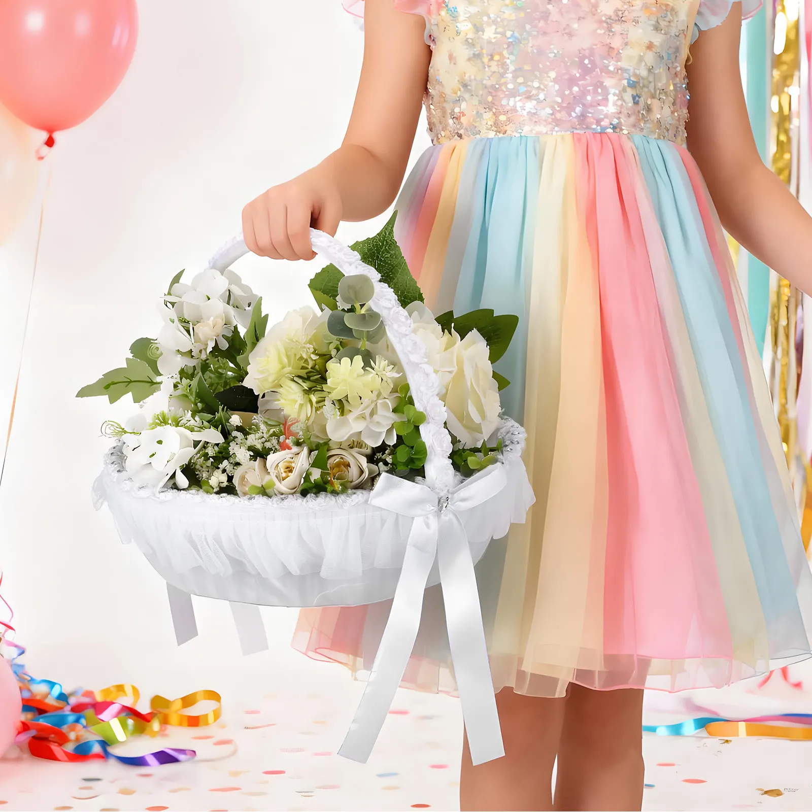 

1Pcs Wedding Lace Flower Basket Hand-Held Flower Girl Basket Romantic Ceremony Decoration Elegant Banquet Party Keepsake