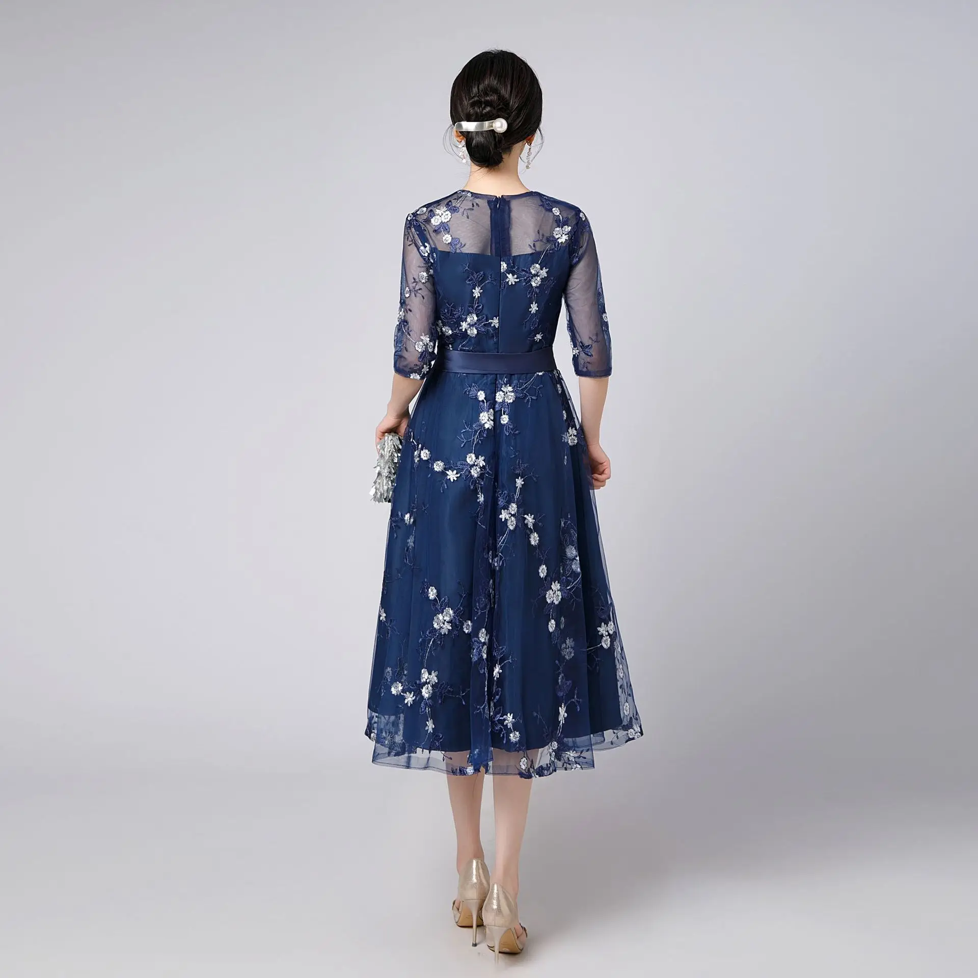 레이스 이브닝 가운 여성용 플로럴 프린트 라운드 넥 이브닝 드레스 프롬 파티 롱 드레스 포멀 드레스 우아한 파티 드레스