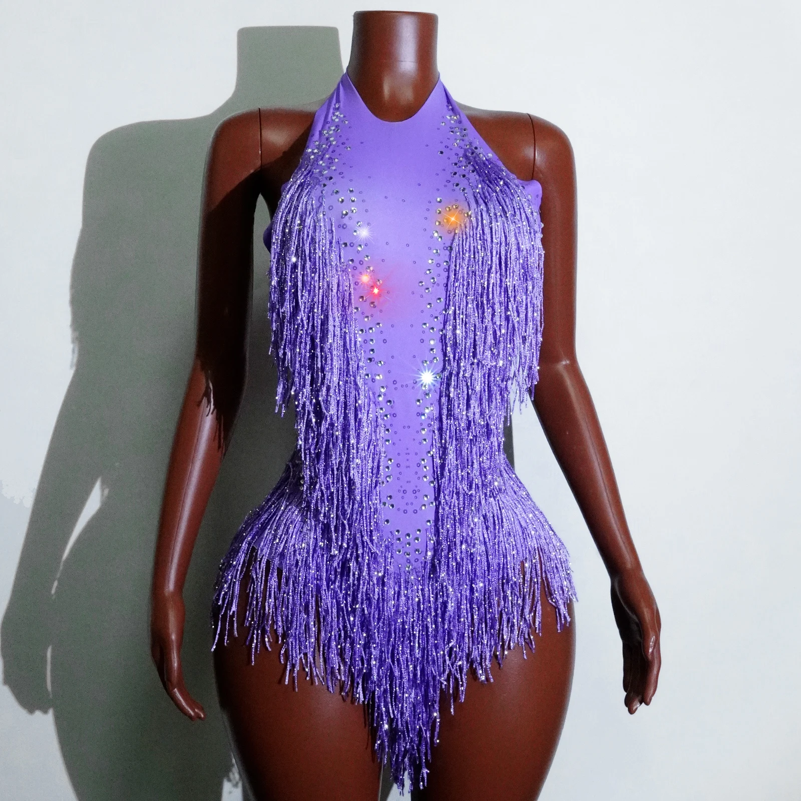새로운 스타일 레이디 프린지 섹시하고 반짝 이는 라인 석 점프 슈트 여성 파티 바 나이트 클럽 여성 가수 공연 및 댄스 의상