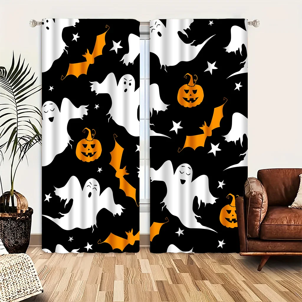 Halloween Decorative Curtain Set Ghost Bat Pumpkin with Tieback Machine Washable Perfect for Bedroom Living Room Home Decoration