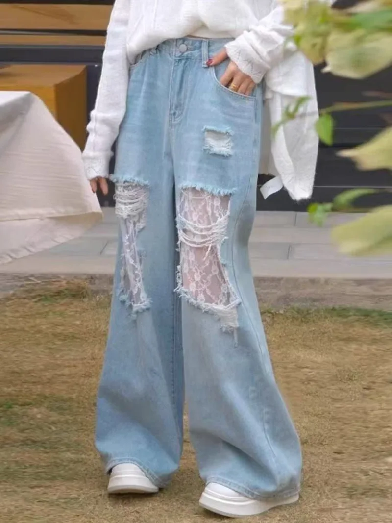 Vintage Y2K 2000s Jeans strappati in pizzo impiombato Donna 2025 Estate a vita alta American Retro Gambe larghe Pantaloni in denim Pantalones