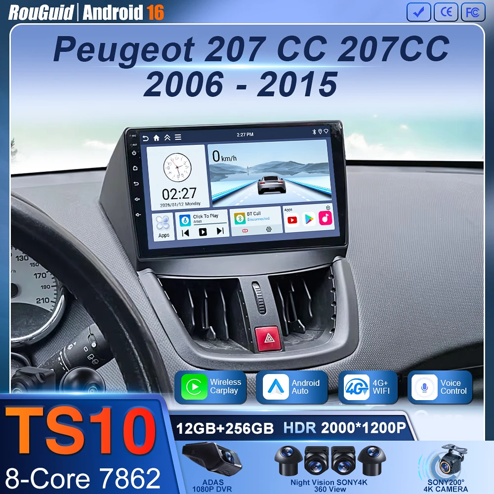 

2 Din Android 16 for Peugeot 207 CC 207CC 2006 - 2015 Car Radio Multimedia Player Carplay Auto Stereo GPS DVD Head Unit