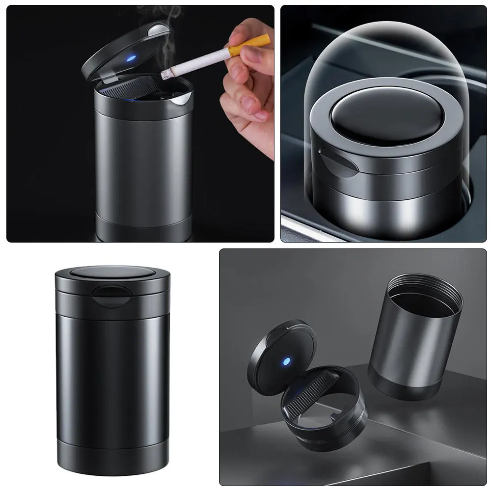 

1pc Portable Ashtray Car With Led Light Black Detachable Rubber Ring Design Cigar Holder Vehicle Outdoor Practical Supplies