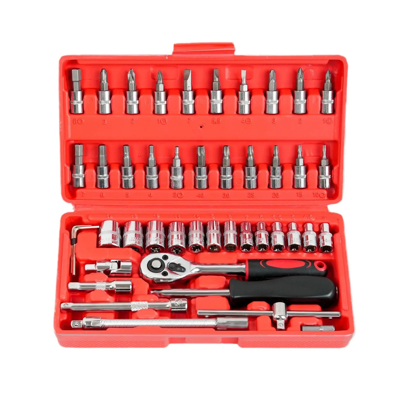 46PCS Ratchet Wrench Set Kit 1/4' Metric Drive Ratchet Phillips Torx Bits Allen Key Screwdriver Professional Metalworking Tool