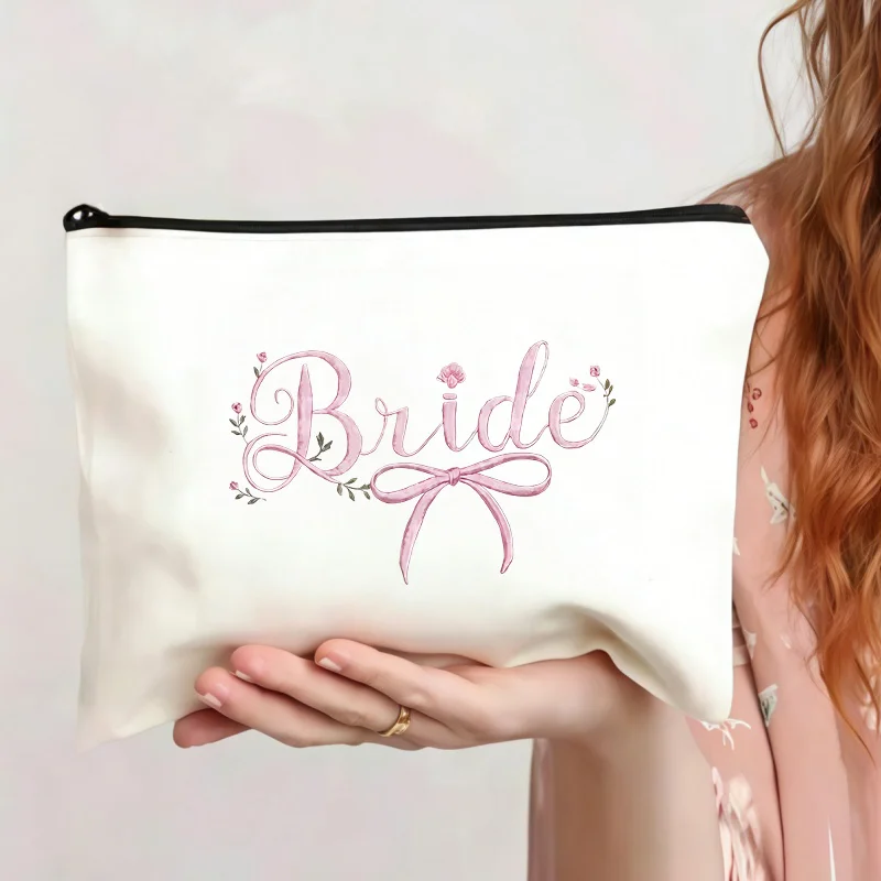 Bride Exclusive Watercolor Bow Print Makeup Bag Lightweight Storage Pouch Wedding Themed Travel Bag Ideal Romantic Bridal Favor