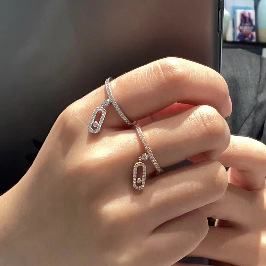 

925 sterling silver single diamond sliding pendant women's ring. Luxury jewelry gifts.