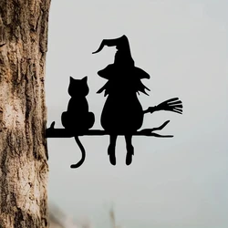 1PC Iron Silhouette Cute Witch And Cat Garden Stake On The Branch Yard Art Decor, Tree Stump Plug-in, For Garden Lawn Courtyard