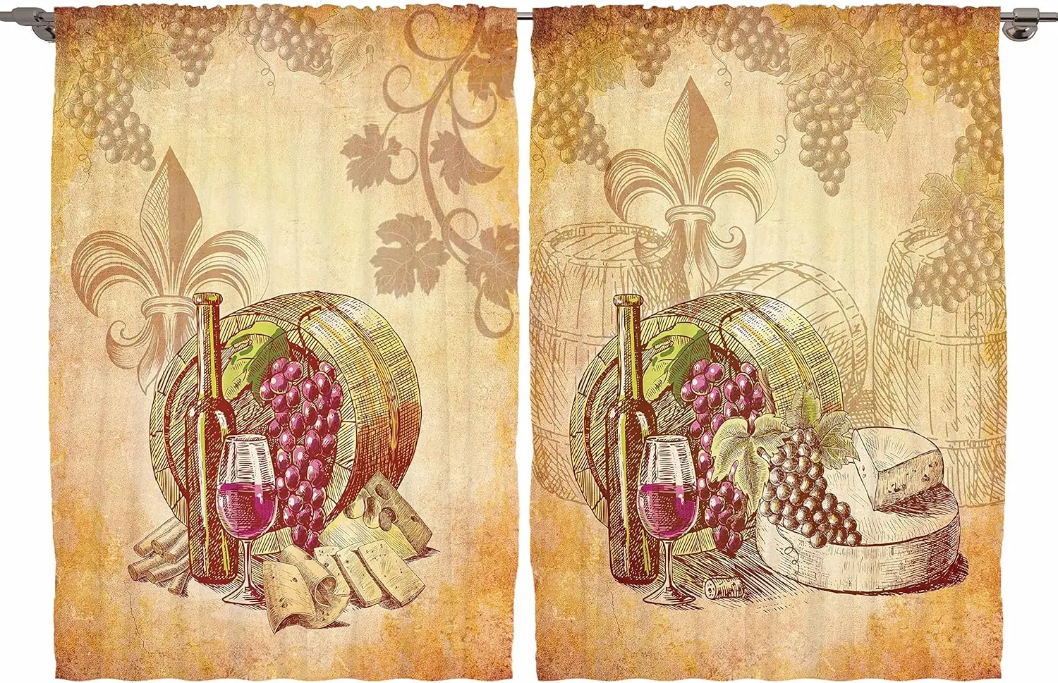 Country Decor Collection,French Vintage Winery Barrels and Grapes, Window Treatments Kitchen Dining Room Curtains 2 Panels Set
