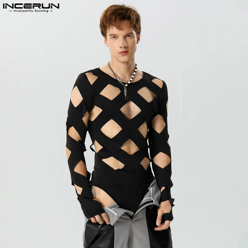 Sexy Fashion Style Men\'s Bodysuits Hollow Diamond Design Rompers Casual Homewear O-Neck Long Sleeve Jumpsuits S-3XL INCERUN 2023