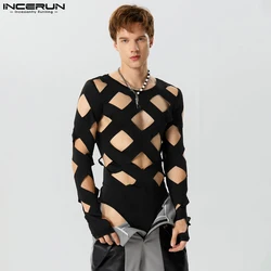 Sexy Fashion Style Men's Bodysuits Hollow Diamond Design Rompers Casual Homewear O-Neck Long Sleeve Jumpsuits S-3XL INCERUN 2023