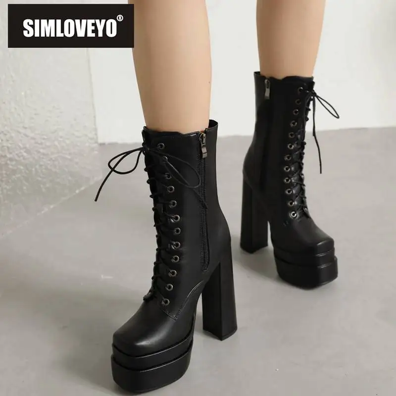 SIMLOVEYO damskie buty do połowy łydki 18cm Toe obcasy blokowe 14cm platforma 5cm zasznurować rozmiar 43 botki damskie