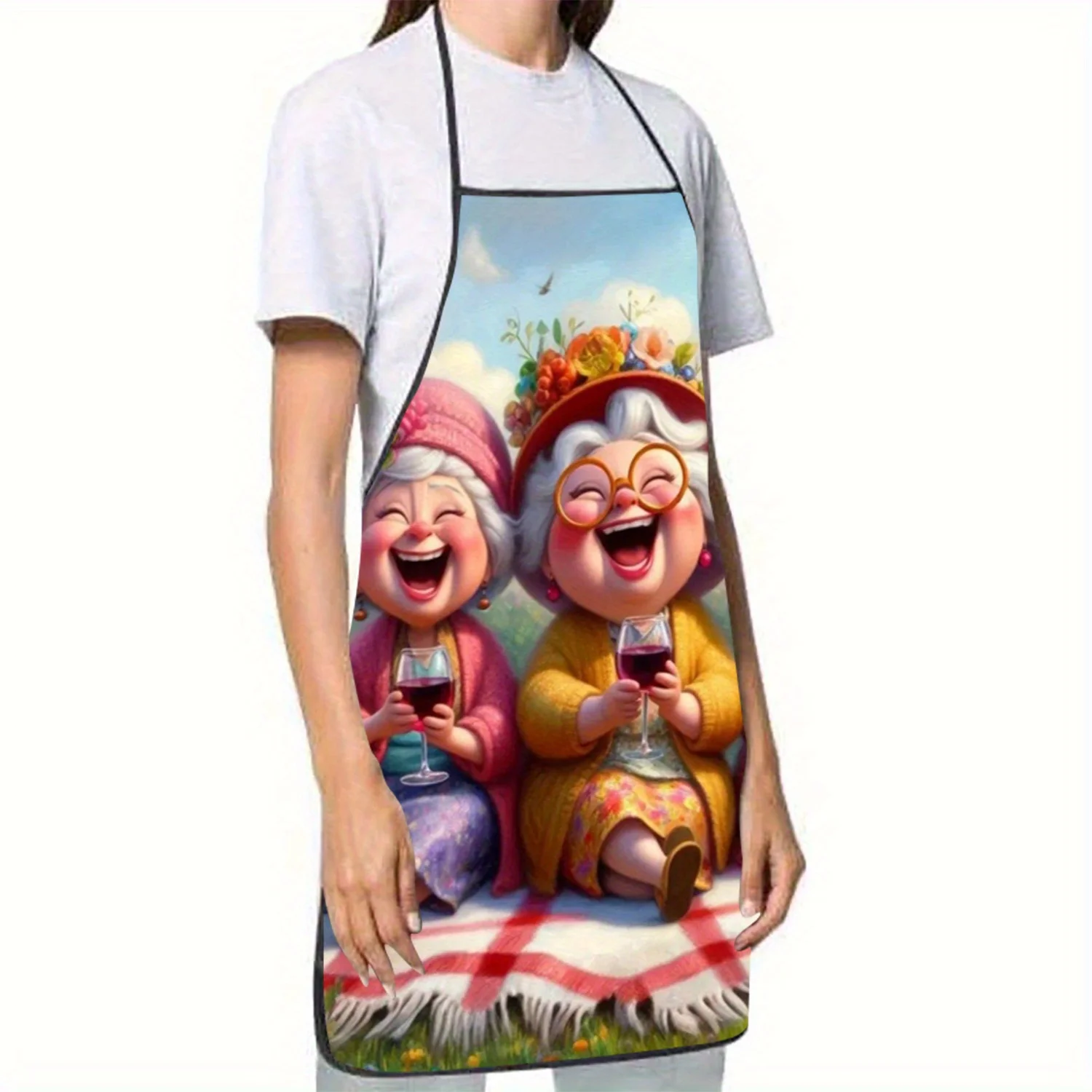 Funny Grandma Wine Picnic Kitchen Apron - Cute Elderly Ladies Graphic Linen Look Chef Bib for Men Women Cooking Baking Gift