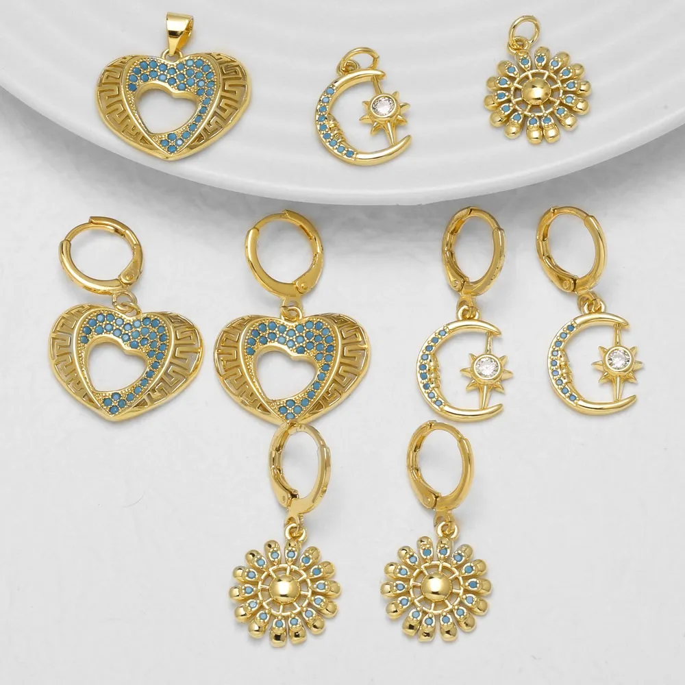 OCESRIO Turquoise Crystal Heart Moon Sun Celestial Charm for Earring Copper Gold Plated DIY Jewelry Making Supplies chma663