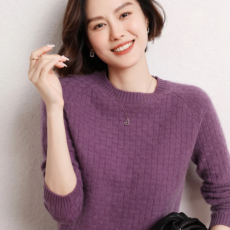 

Autumn/Winter Women's 100% Pure Cashmere Pullover Casual Solid Knitted Sweater Loose Round Neck Tops Thickened Warm Grid Jumper