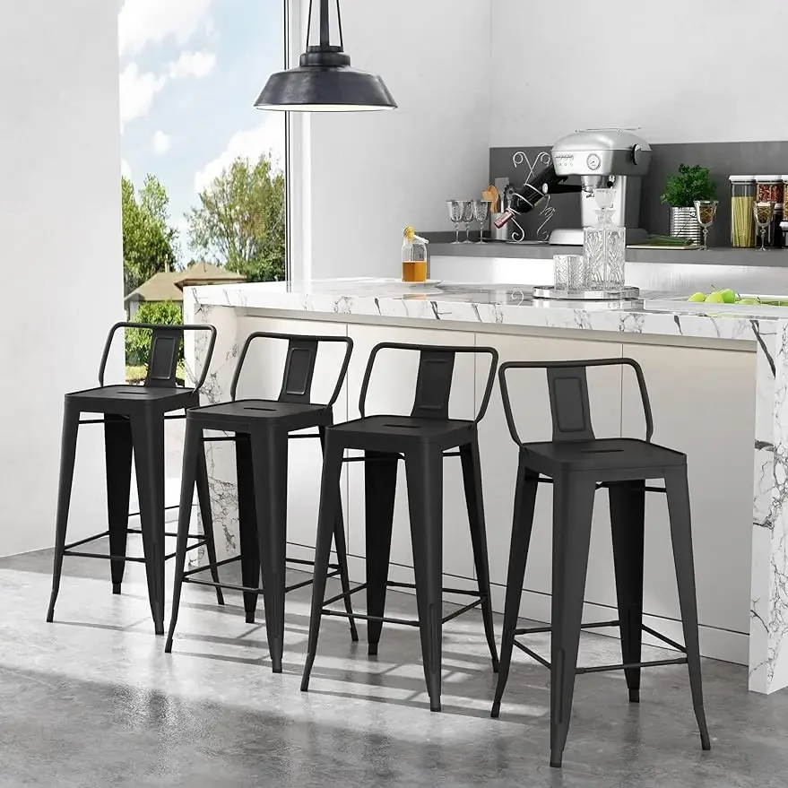 Apeaka 30 inch Metal Bar Stools Set of 4 Bar Height Stools with Backs Low Back Bar Chairs for Indoor Outdoor Matte Black