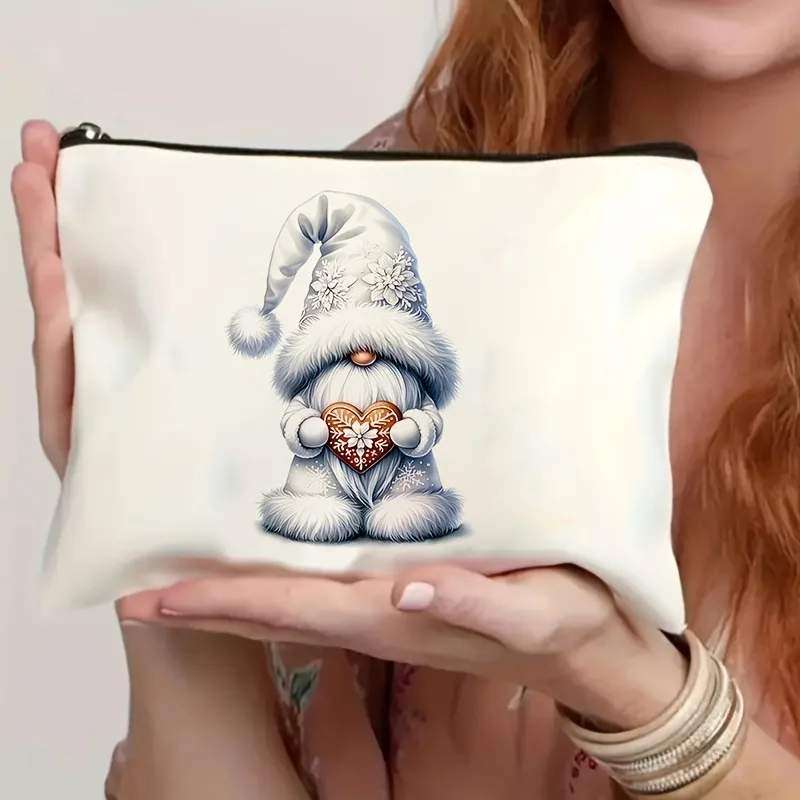 Christmas Gnome Winter Snow Forest Print Makeup Bag Cute Dwarf Lantern Graphic Zipper Cosmetic Pouch Holiday Gift for Women