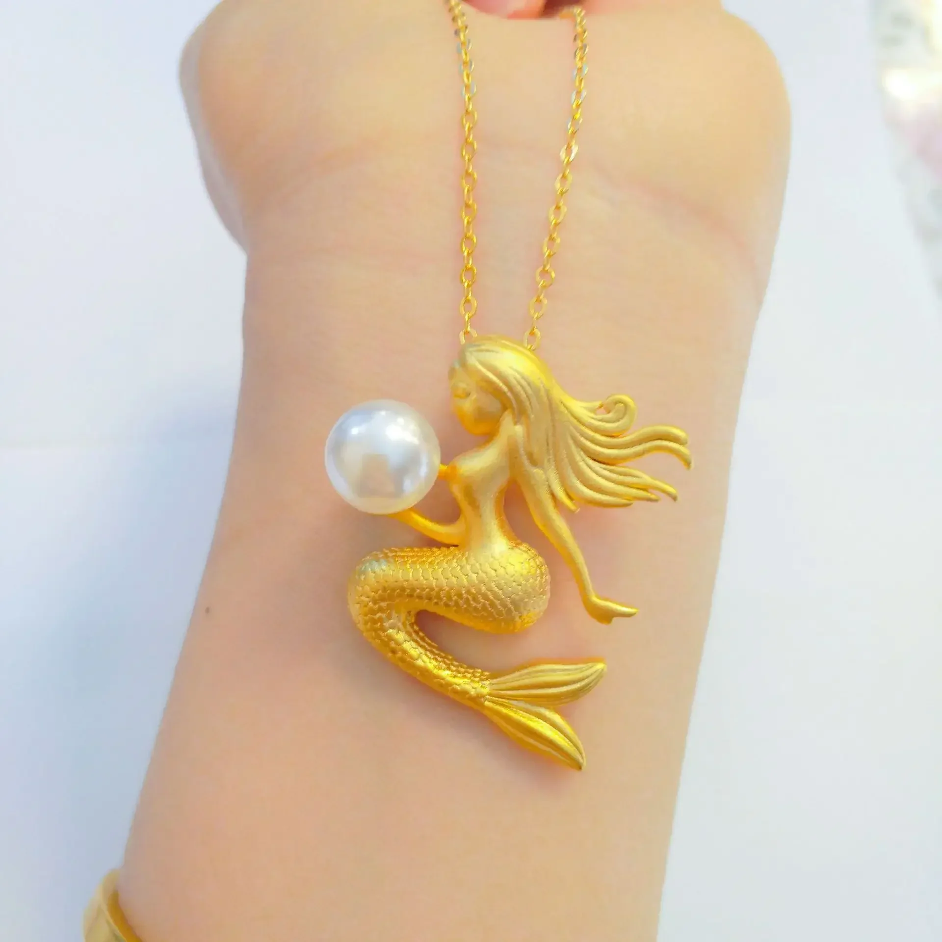 

9999 real gold 24K yellow gold Women's Pearl Mermaid Pendant Necklace