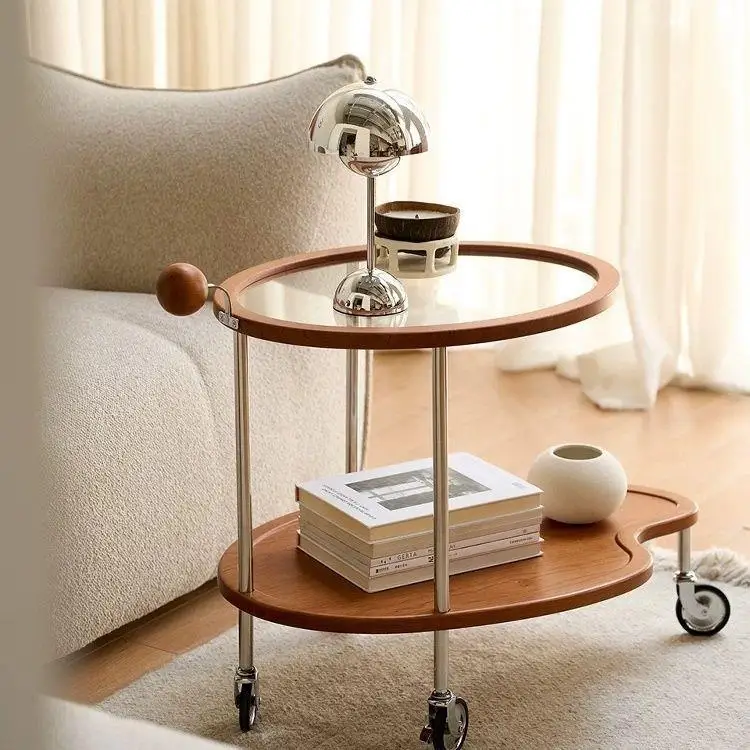 Vintage-style small cart, living room mobile side table, small apartment glass coffee table