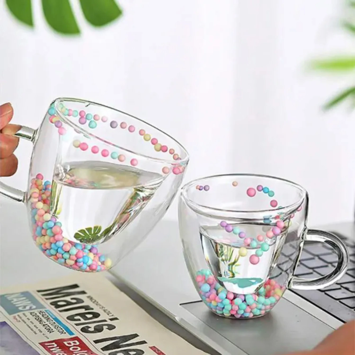 Creative Double Layer Love Shape Glass Cup With Handle Transparent Quicksand Cute Girl Heart Water Cup - Cute Juice Goblet Coffe