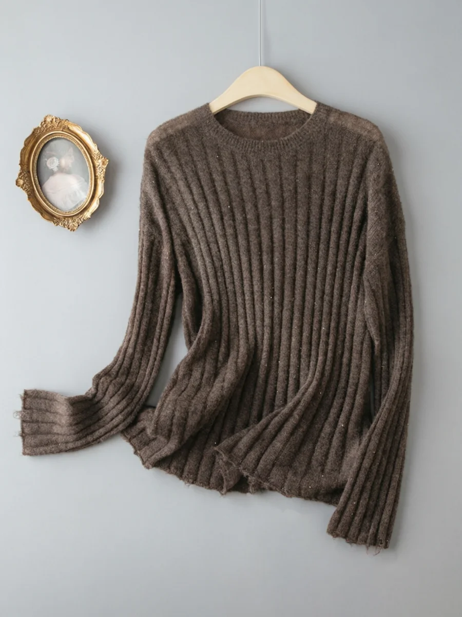 Oversized Cashmere Silk Blend Sweater Women – Soft Sparkle Squined Ribbed Knit with Frayed Hem, Lightweight Winter Pullover