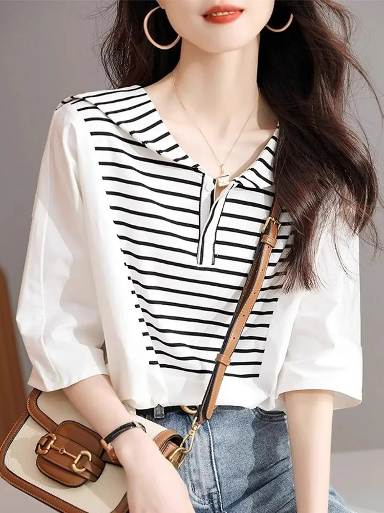 

Summer 2026 Navy Collar Striped ort Sve irt Women's Design Sense Midi Sve Top irt Korean Sle Loose Fit Button D...