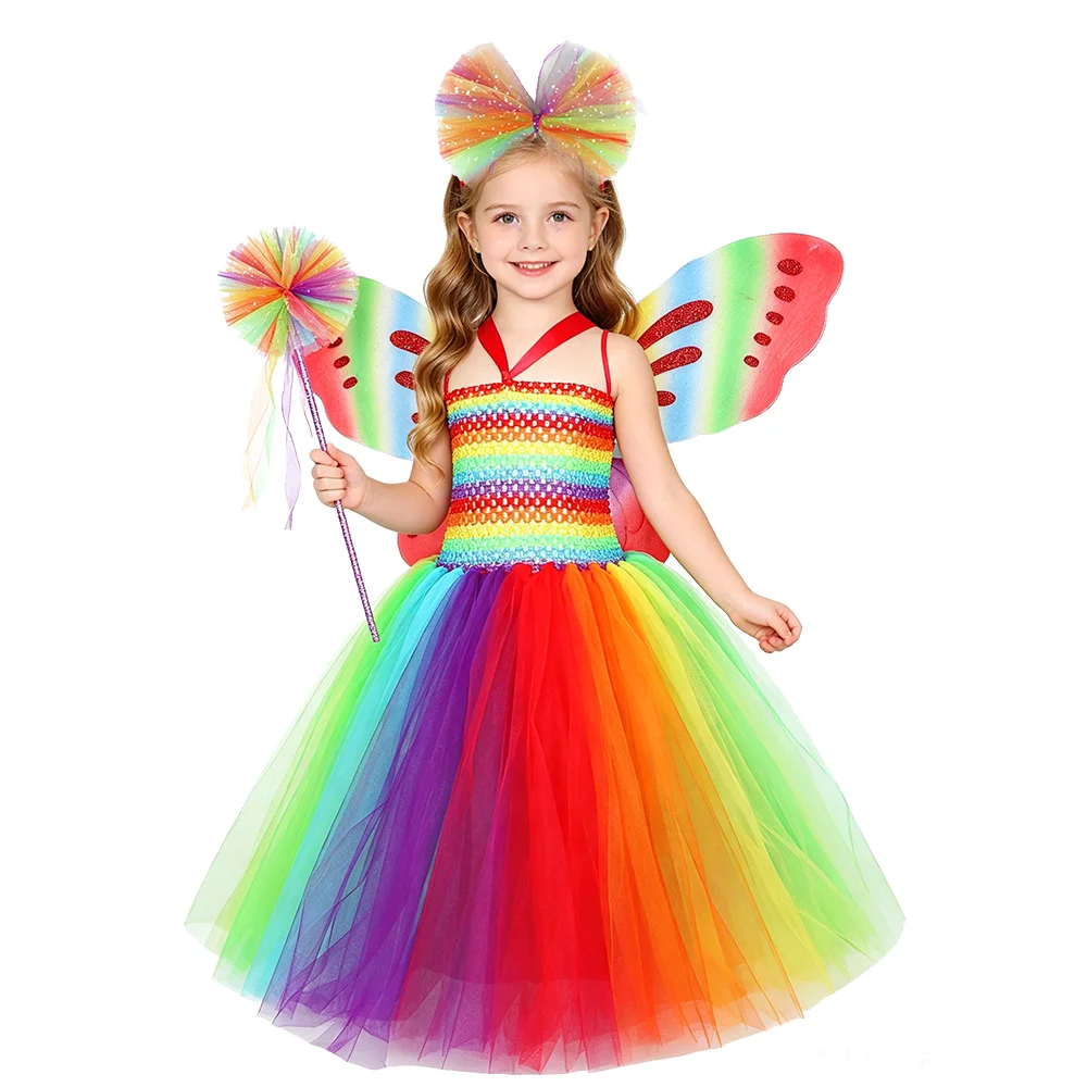 Girls Rainbow Fairy Long Tutu Costumes with Butterfly Wings Set Kids Halloween Birthday Carnival Princess Fancy Dress Up Outfit