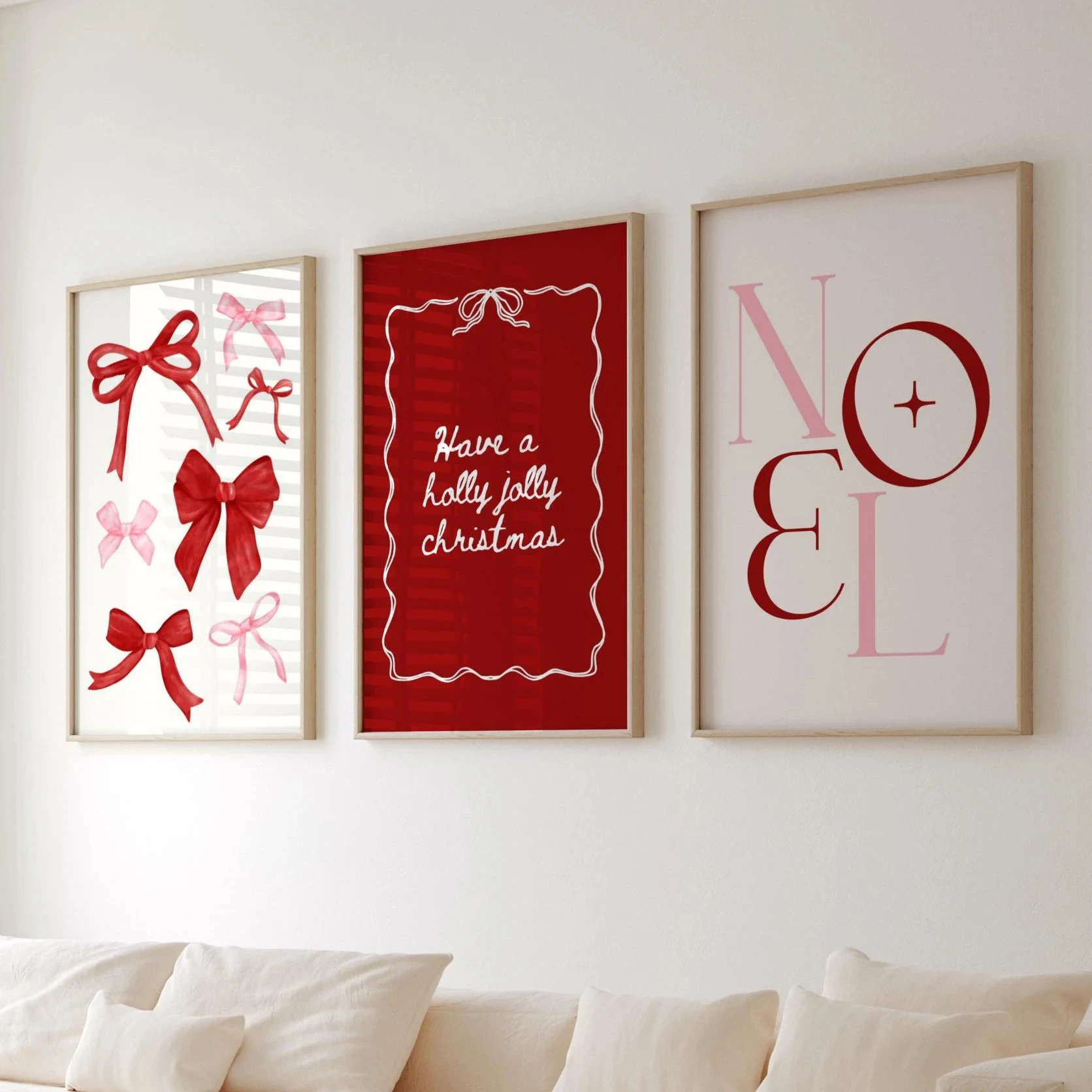 Christmas Coquette Set of 3 Wall Art Red Bow Pink Have a Holly Jolly Christmas Poster Minimalist Noel Winter Aesthetic Print