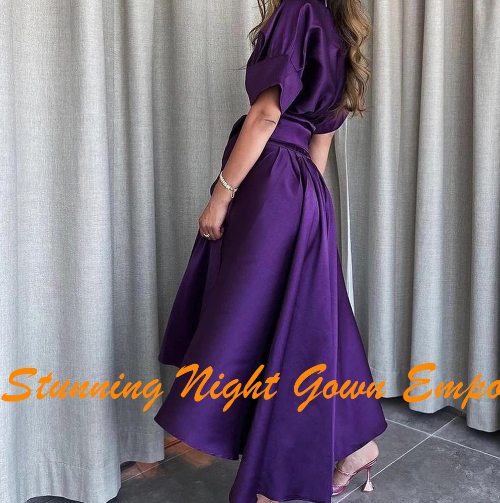 Classic Pleats Buttons Belt Tea Length Evening Dresses Temperament A-Line Satin Crew Neck Purple Party Gowns vestidos de fiesta