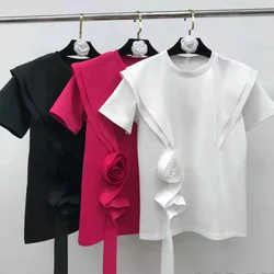 New In 2025 Summer Spring Fashion Cotton T-shirt Elegant O Neck Short Sleeve Patchwork 3D Flower Tassel Tops Tees T Shirt