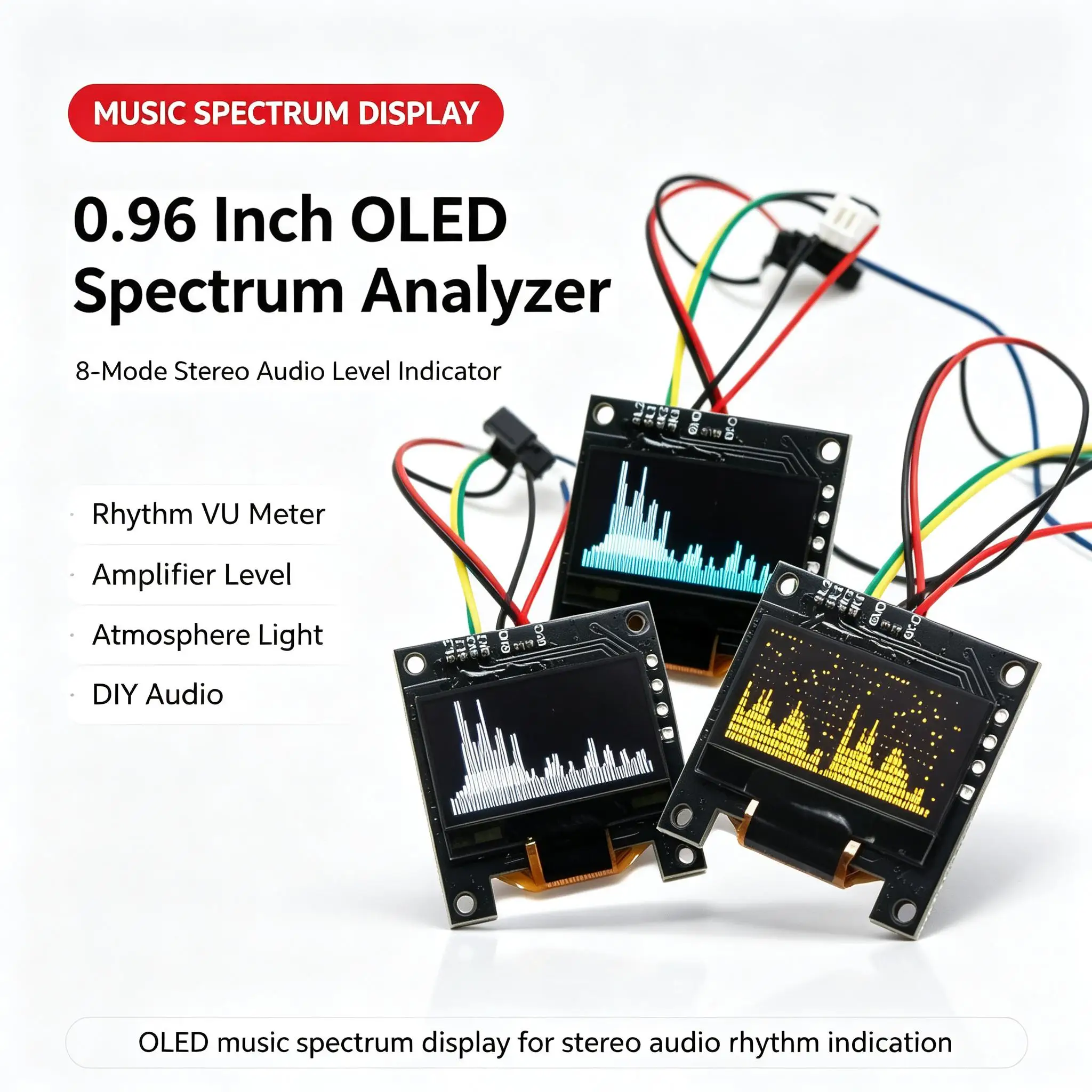 DYKB 0.96 in OLED Music Spectrum Display Analyzer 8-Mode Stereo Audio Atmosphere Light Amplifier Level Indicator Rhythm VU METER