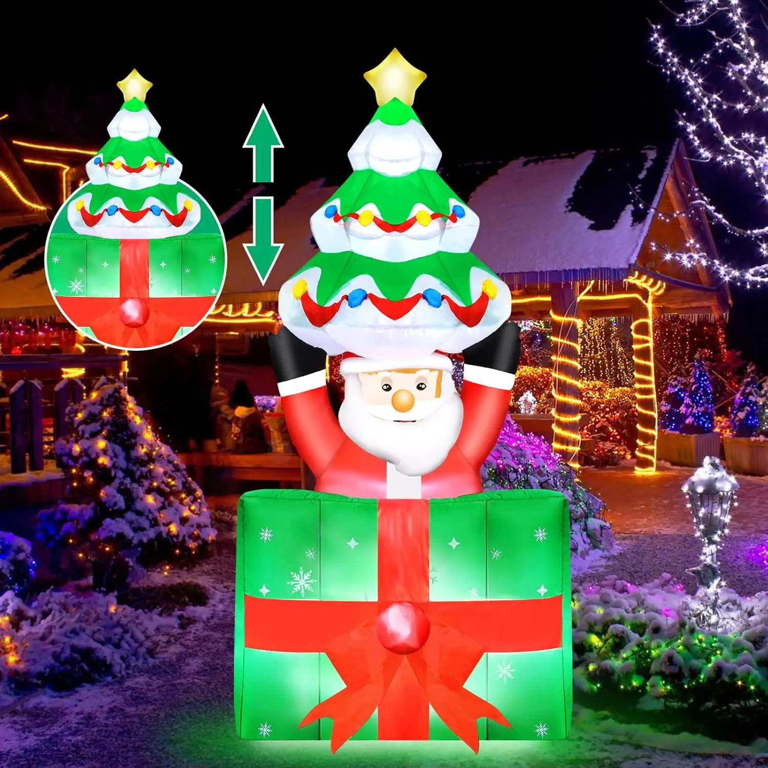 Christmas Inflatable Santa Outdoor Decoration Liftable Santa Claus Holding Christmas Tree Up ＆ Down in Gift Box Xmas Decor Toys