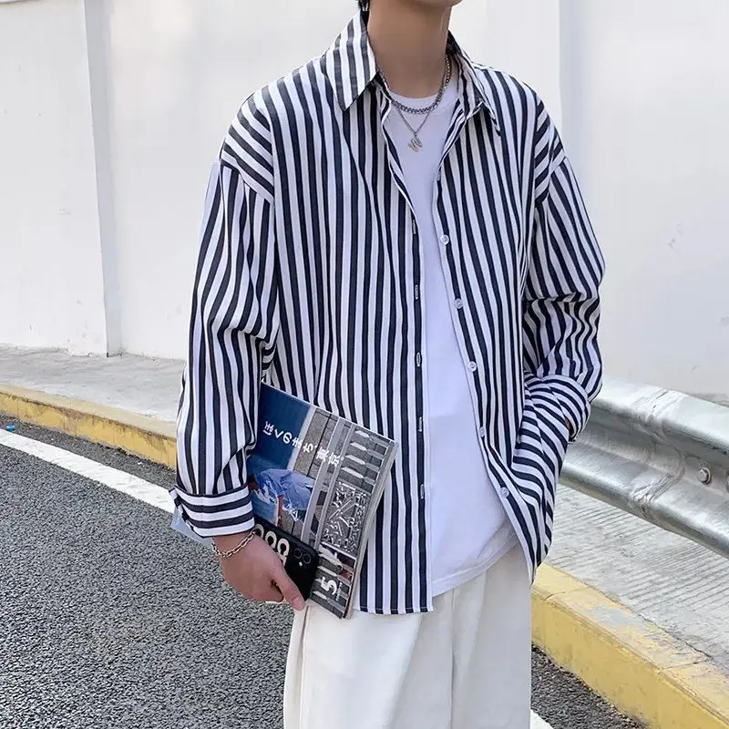 

Мужская модная классическая рубашка Y2K в полоску с отложным воротником и пуговицами, молодежная Повседневная Уличная одежда, мужские рубашки