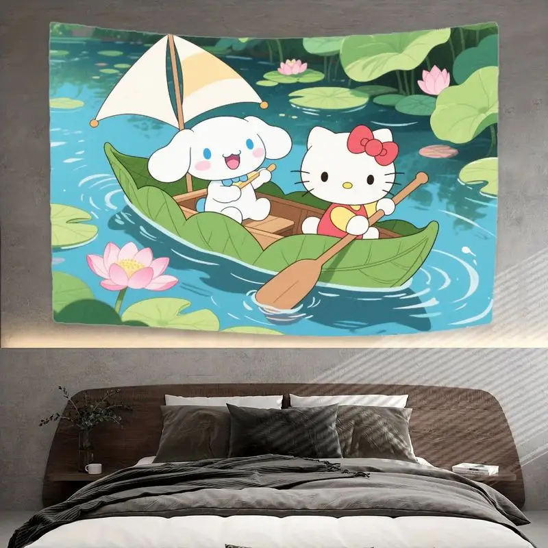 1PC Sanrio Hello Kitty Cinnamoroll Kawaii Bootfahren Wandteppich, ästhetische Polyester Wandkunst für Schlafzimmer Wohnzimmer Dekor, süßes Mädchen