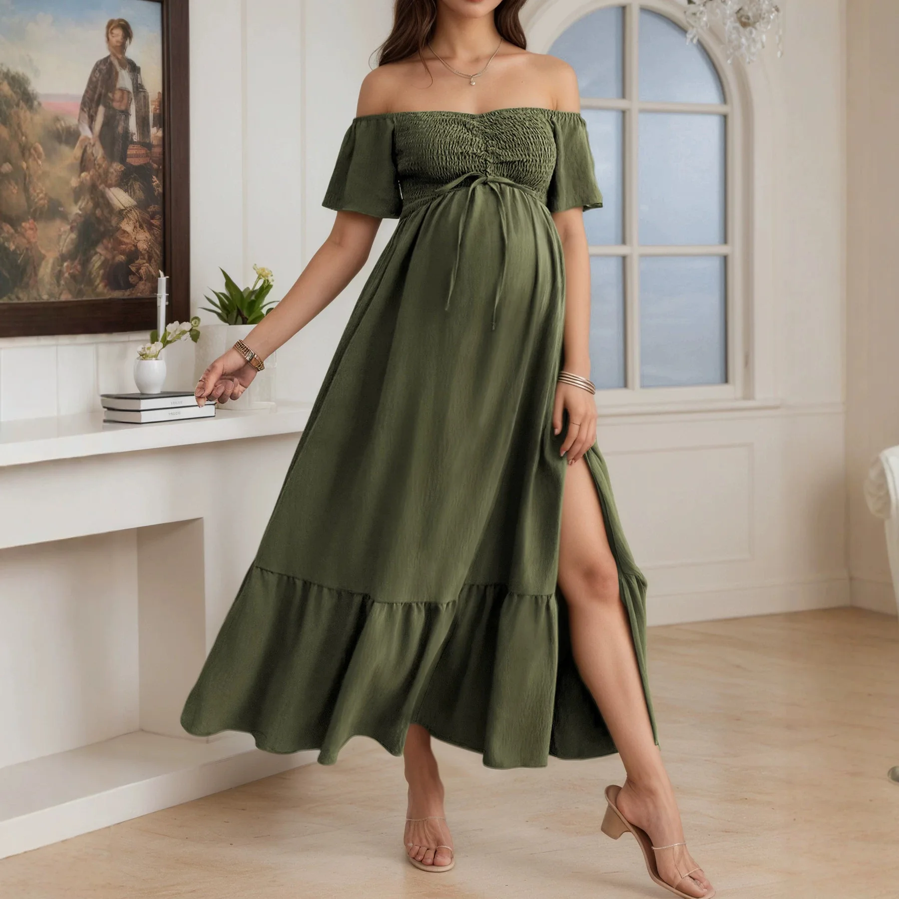 Pregnant Women Casual Solid Maxi Dress Maternity Off Shoulder Short Sleeve Drawstring High Waist Side Split Evening Party Dress