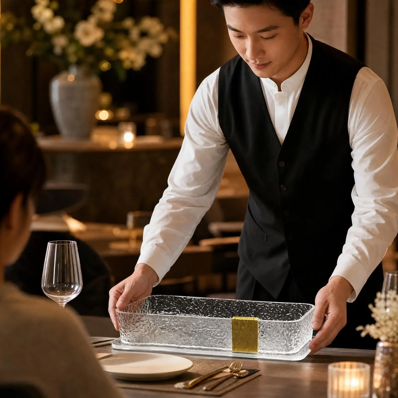 Translucent Stone Texture Glass Dish with Gold Panel for Elegant Home Restaurant Serving