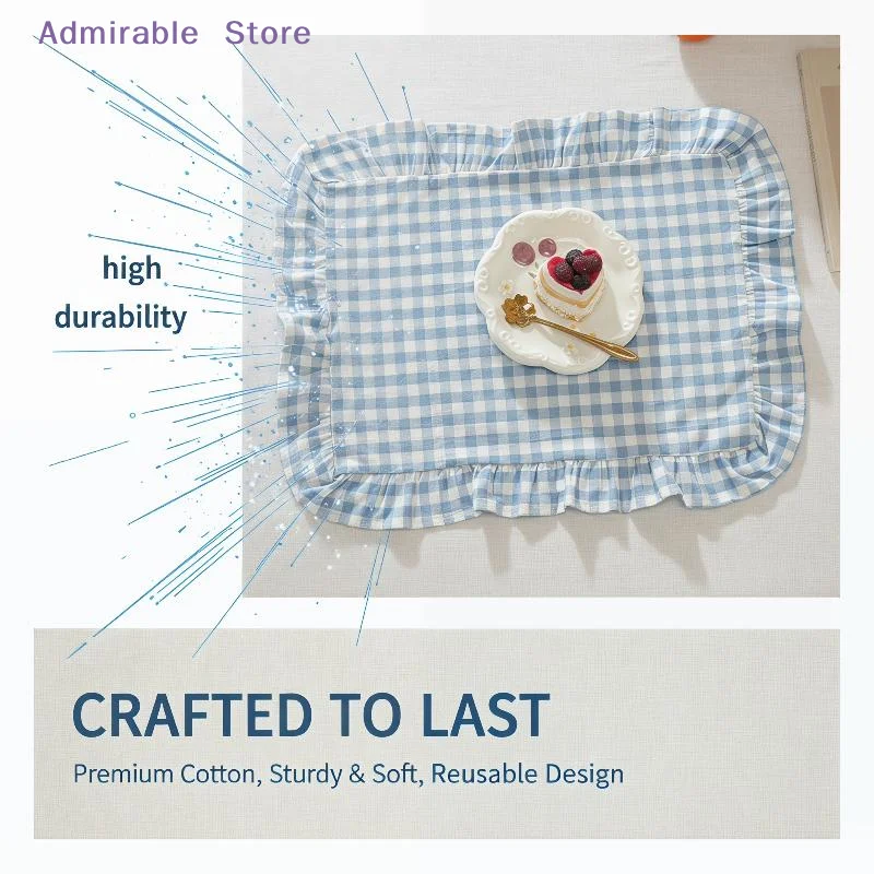 Decorative Ruffle Placemat Set in Pink Blue Stripe Suited For Kitchen Dining Room Spaces