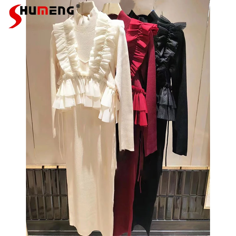 Japanese Style Elegant Women Long Knitted Dress Set 2024 Spring New Sweet Mesh Lace Sling Top Ruffles Slim Knit Dresses Ladies